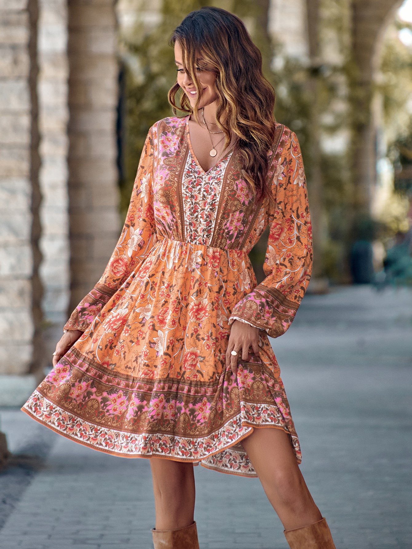 Robe Longue Imprimée à Manches Longues