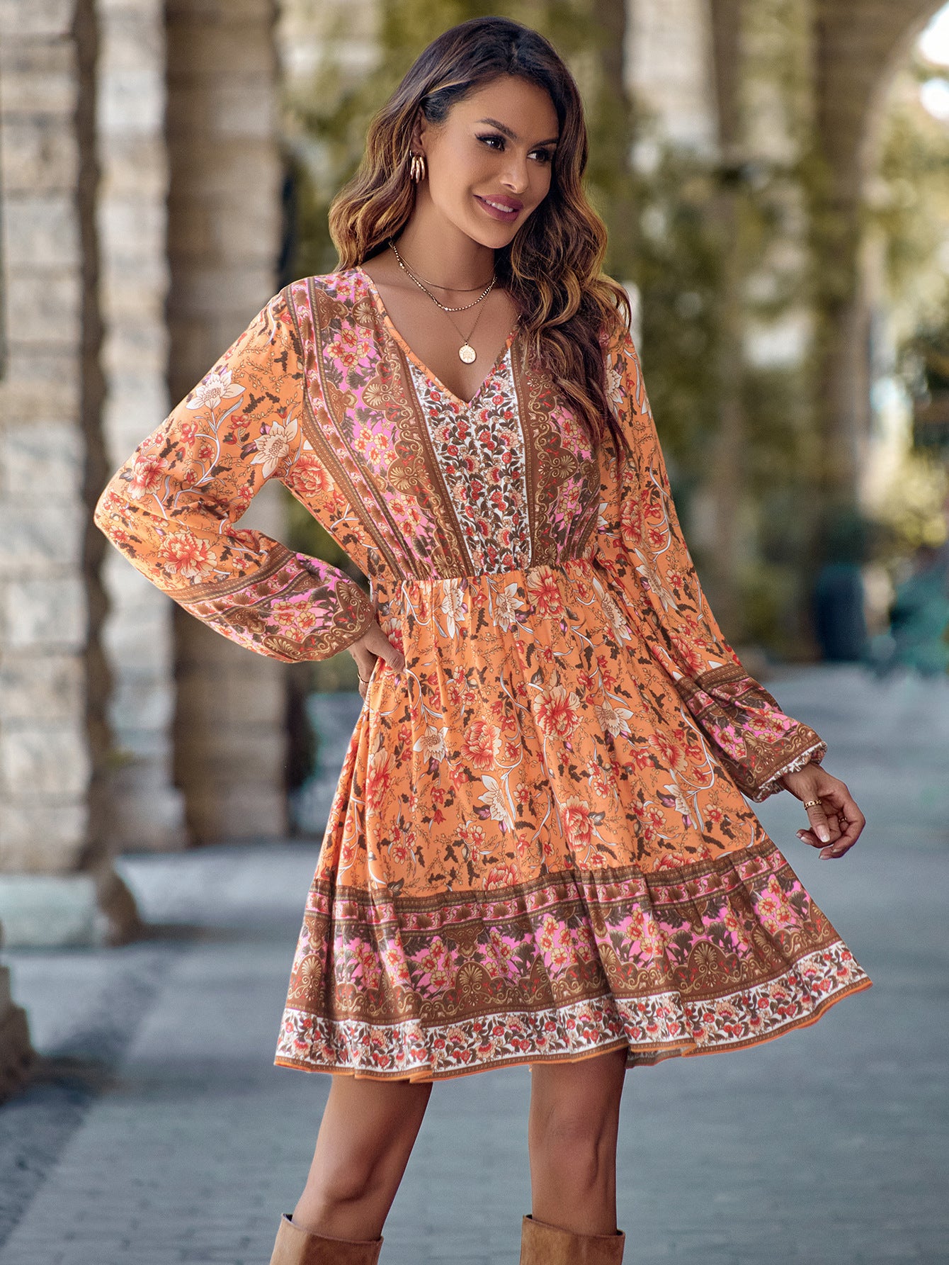 Robe Longue Imprimée à Manches Longues