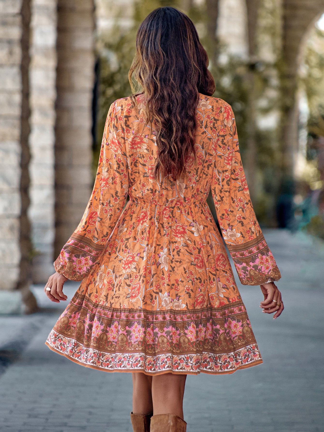 Robe Longue Imprimée à Manches Longues