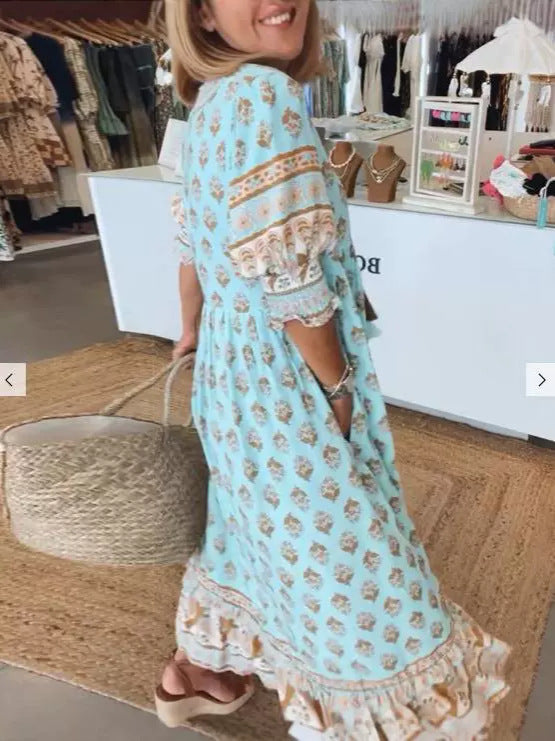 Robe Imprimée Col V Manches Bouffantes