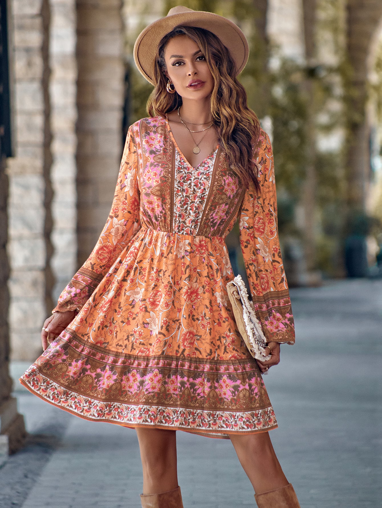 Robe Longue Imprimée à Manches Longues