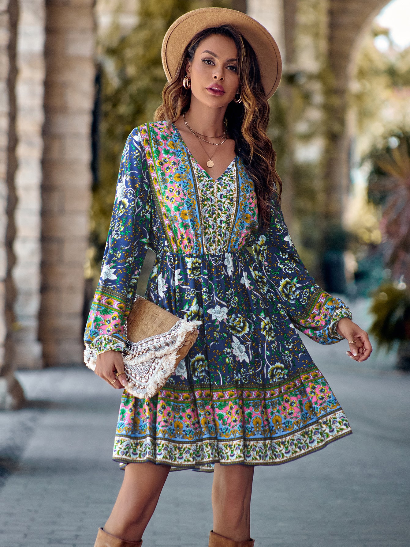 Robe Longue Imprimée à Manches Longues