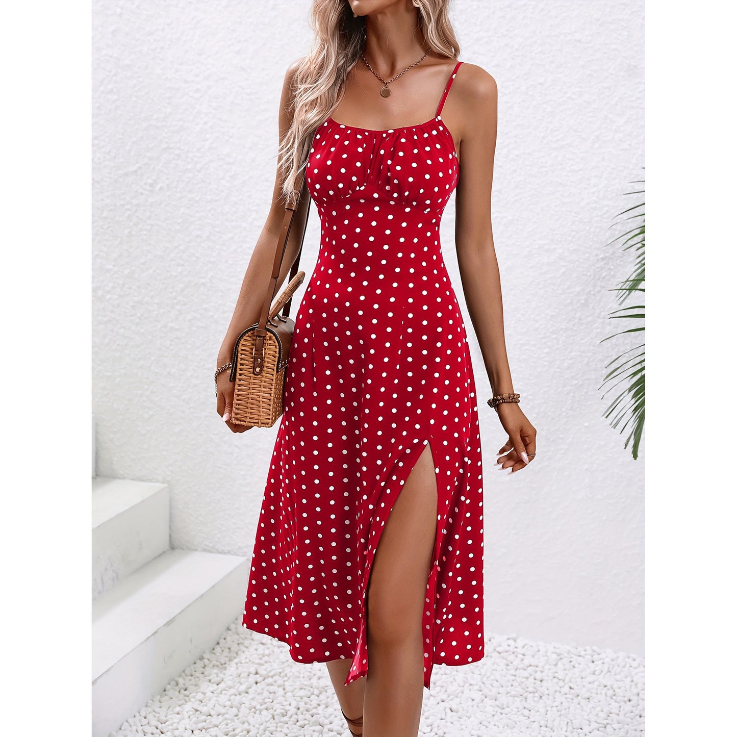 Robe Longue Femme à Bretelles Imprimé Pois Été