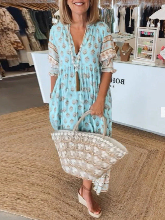 Robe Imprimée Col V Manches Bouffantes