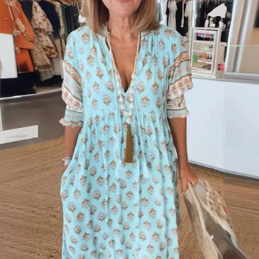 Robe Imprimée Col V Manches Bouffantes