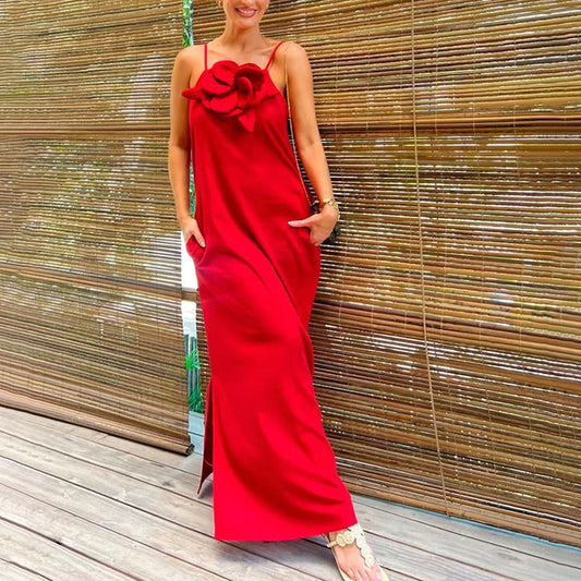 Robe longue fendue avec poches et Motif Floral 3D