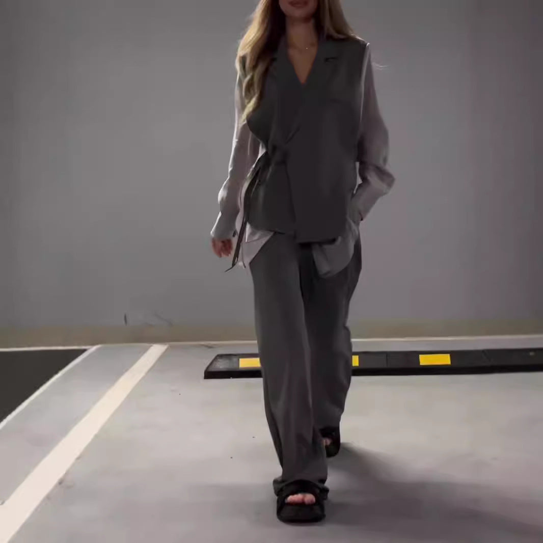 Chiffon Patchwork Top & Straight-Leg Pants Set