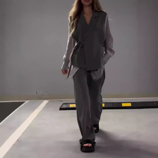 Chiffon Patchwork Top & Straight-Leg Pants Set