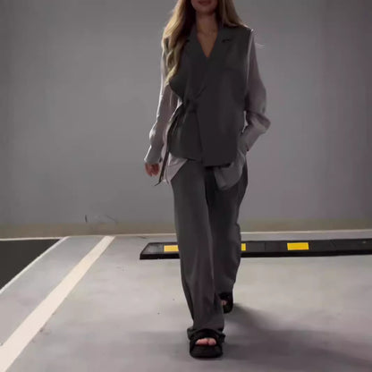 Chiffon Patchwork Top & Straight-Leg Pants Set