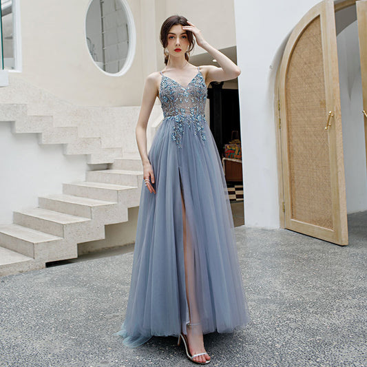 Nouvelle Robe de Bal en Tulle à Perles et Col en V