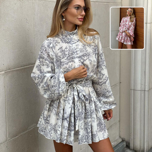 Robe A-Ligne Imprimé Encre à Manches Bouffantes